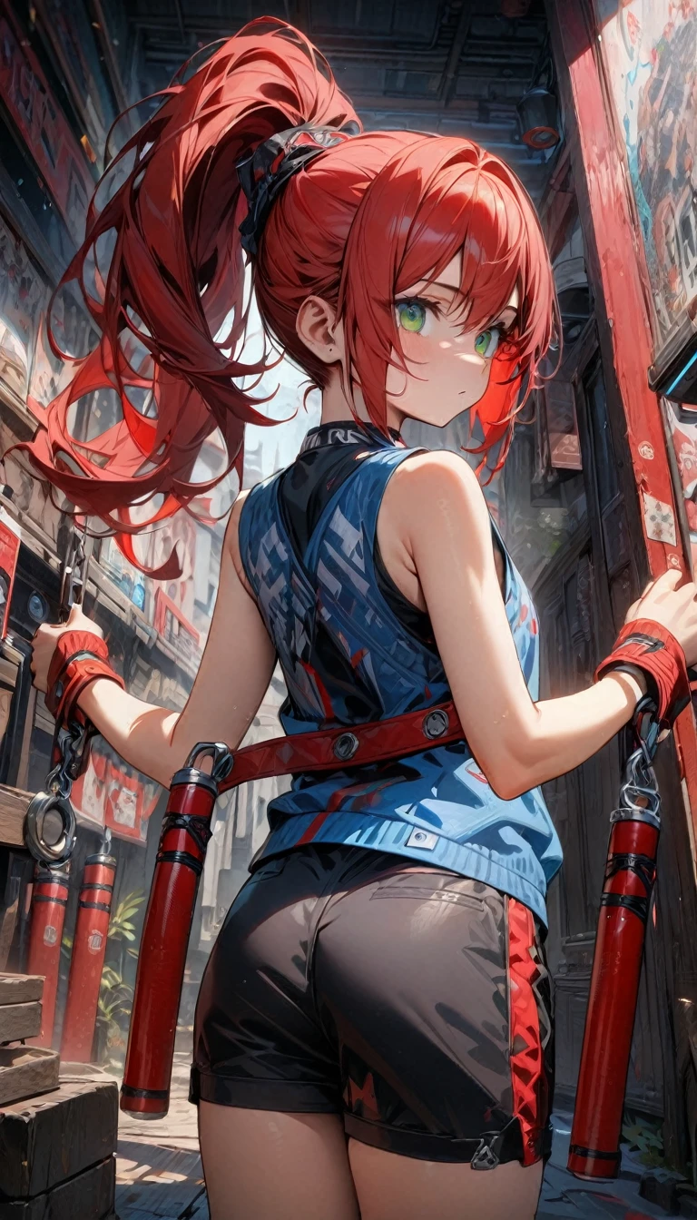 boy, long red hair, high ponytail, green eyes, blue tight top, white elements, black shorts, red elements, sleeveless, nunchucks, Masterpiece, best quality, Full HD, 8k, ultra details, great graphic