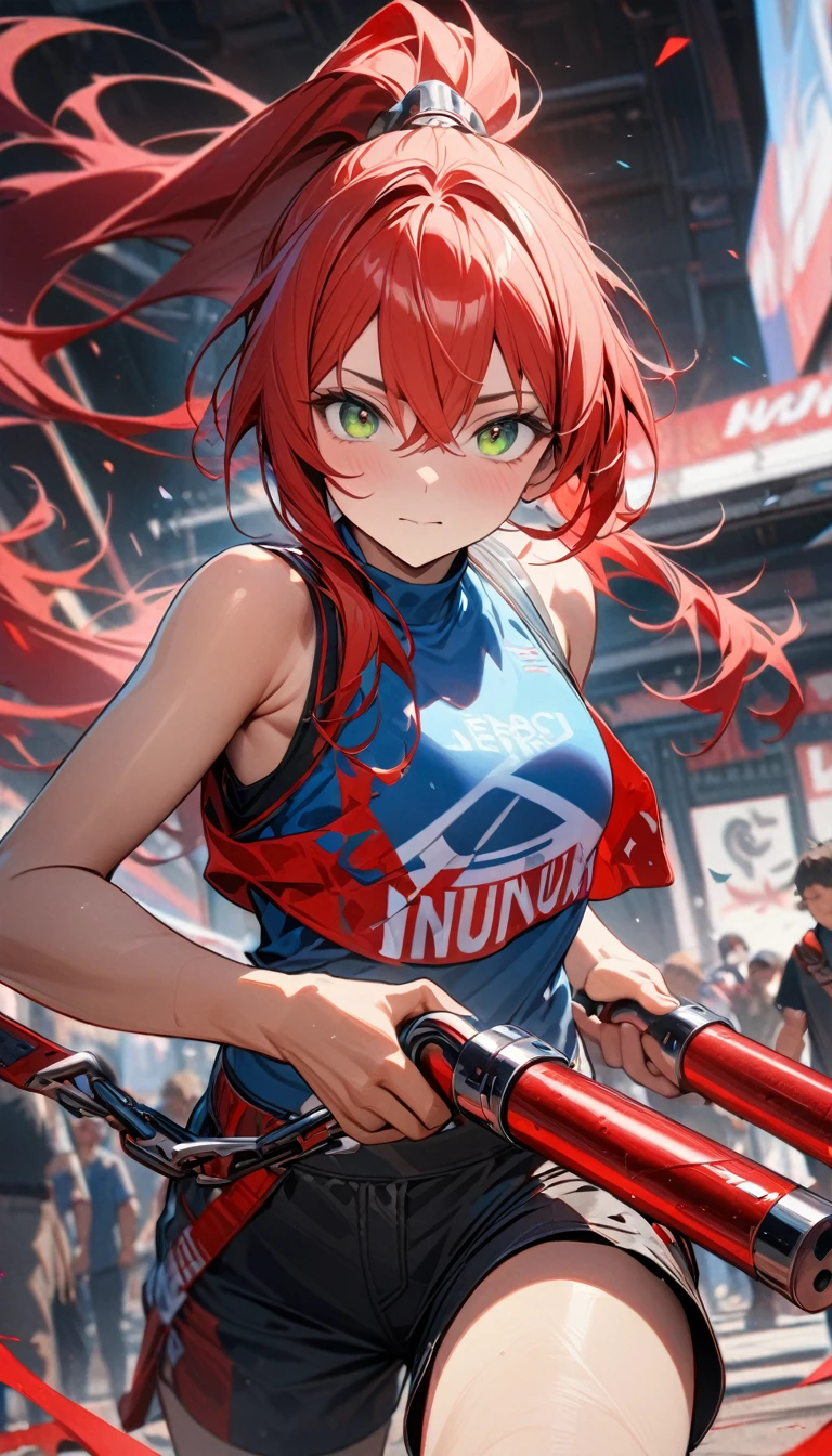 boy, long red hair, high ponytail, green eyes, blue tight top, white elements, black shorts, red elements, sleeveless, nunchucks, Masterpiece, best quality, Full HD, 8k, ultra details, great graphic