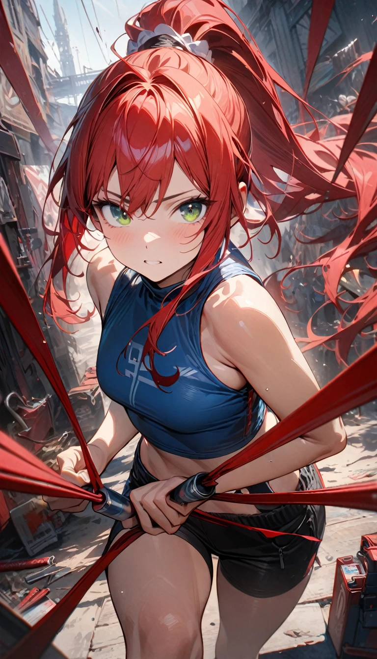 Young boy, long red hair, high ponytail, green eyes, blue tight top, white elements, black shorts, red elements, sleeveless, nunchucks, Masterpiece, best quality, Full HD, 8k, ultra details, great graphic