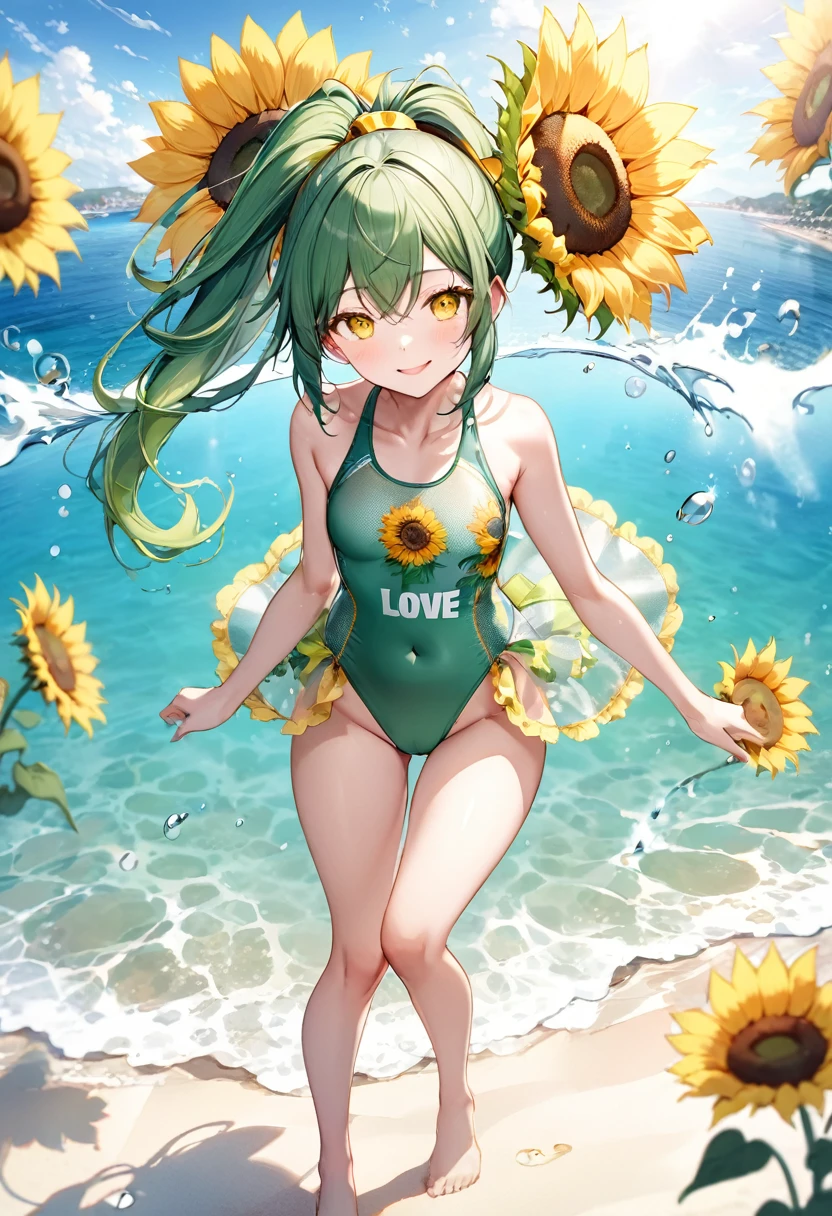 (full body, pov love style swimsuit) (beautifu fighterl body), (solo:2, 15 yo, ponytail green hair long hair sexy fighter girl, cute yellow eyes, love smile), (in a sunflower Embroidered green one piece swimsuit, exposure wabisabi:1.3 love sunflower), break, in the Swimsuit contest venue, background Double Exposure beautiful ocean, BREAK, perfect anatomy, masterpiece, best quality, 16k, beautiful detailed love, sexy, daydreaming expression.