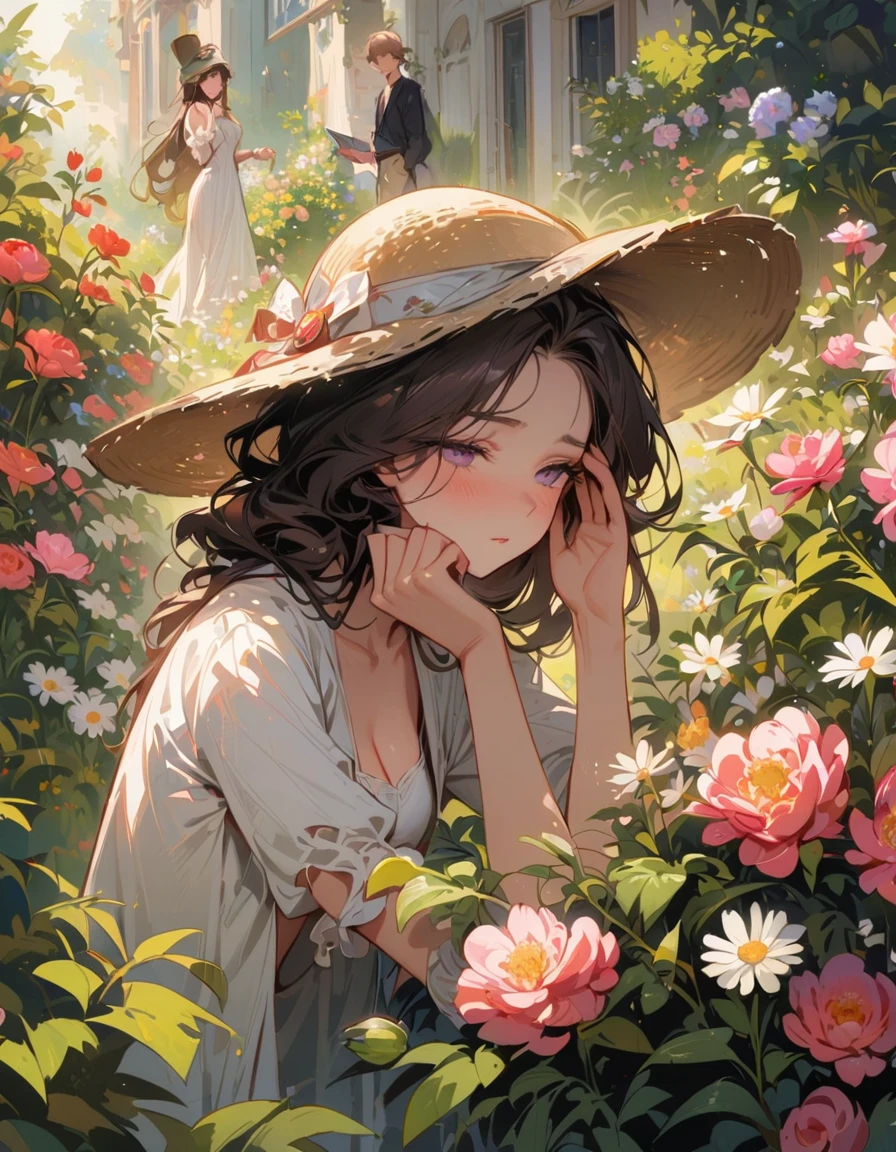 Masterpiece, girl and boy, among flowers, in the garden, shyness, red cheeks, cute, embarrassment, holding hands, roses, daisies, peonies, lupines, white sundress, hat, open shirt, sporty, beautiful, love, flower, hand covers face from being, Pre-Raphaelite, Rubric Maxim