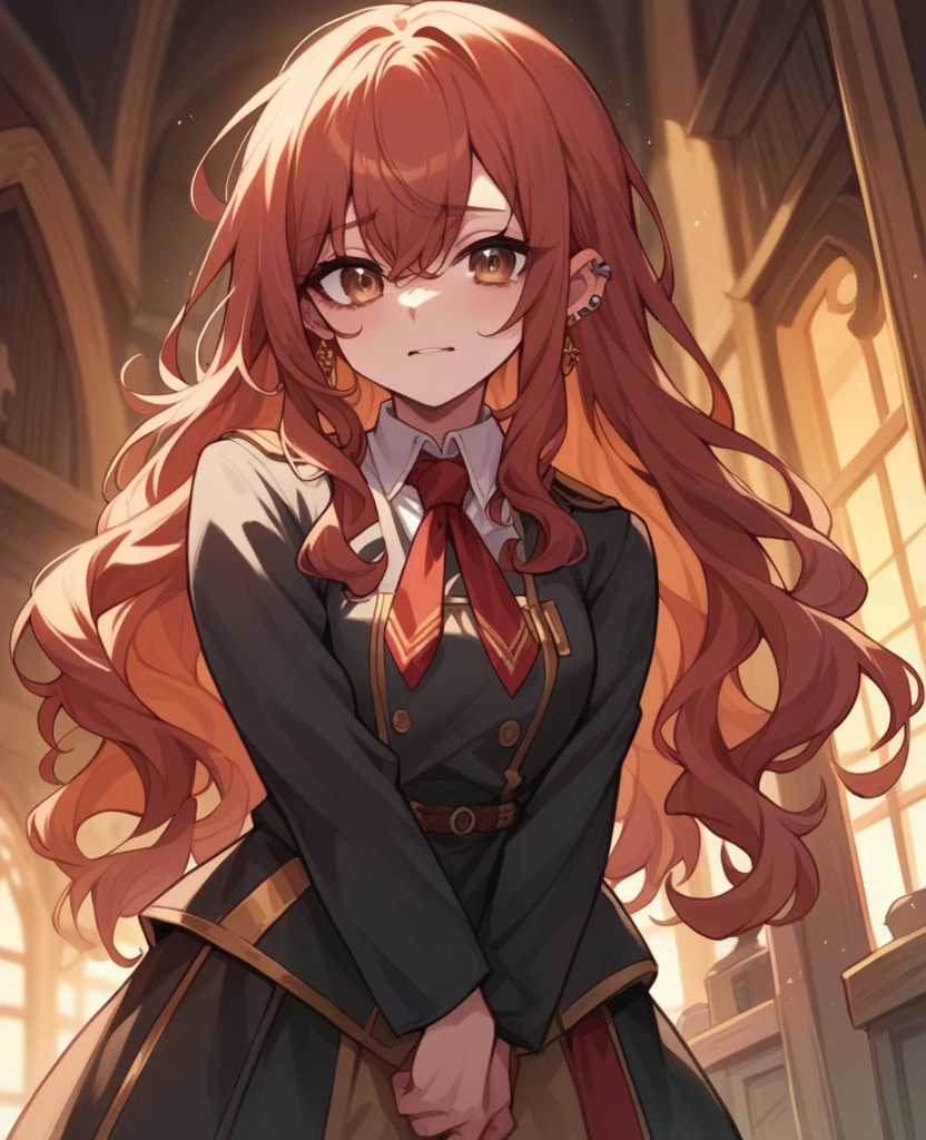 Female,5'4,pierced ears,light skin,hazel eyes,red wavy hair ,hogwards uniform