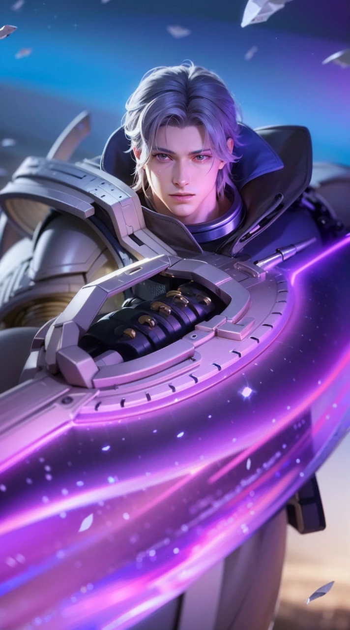 masculine male, masterpiece, ((perfect eyes)) best quality, (semirealism:1.9), beautiful lighting, (extremely detailed CG unity 4k fhd wallpaper), High Detail, Sharp focus, dramatic outdoors, 1 boy ,19 years old, white hair, light purpel eyes, smile.