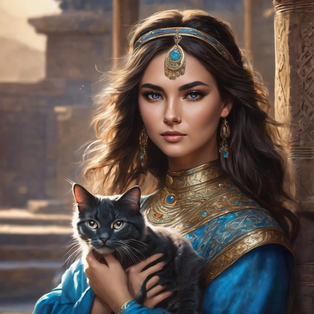 woman in blue dress holding cat, portrait, inspired by Magali Villeneuve, trends in the CG community, fantasy art, attractive cat girl, gorgeous woman, young woman with lynx head, Warrior Princess, beautiful young cat lady, beautiful woman-воин, Persian queen, Persian princess, beautiful woman, Portrait of an Aztec princess, very beautiful cute cat girl