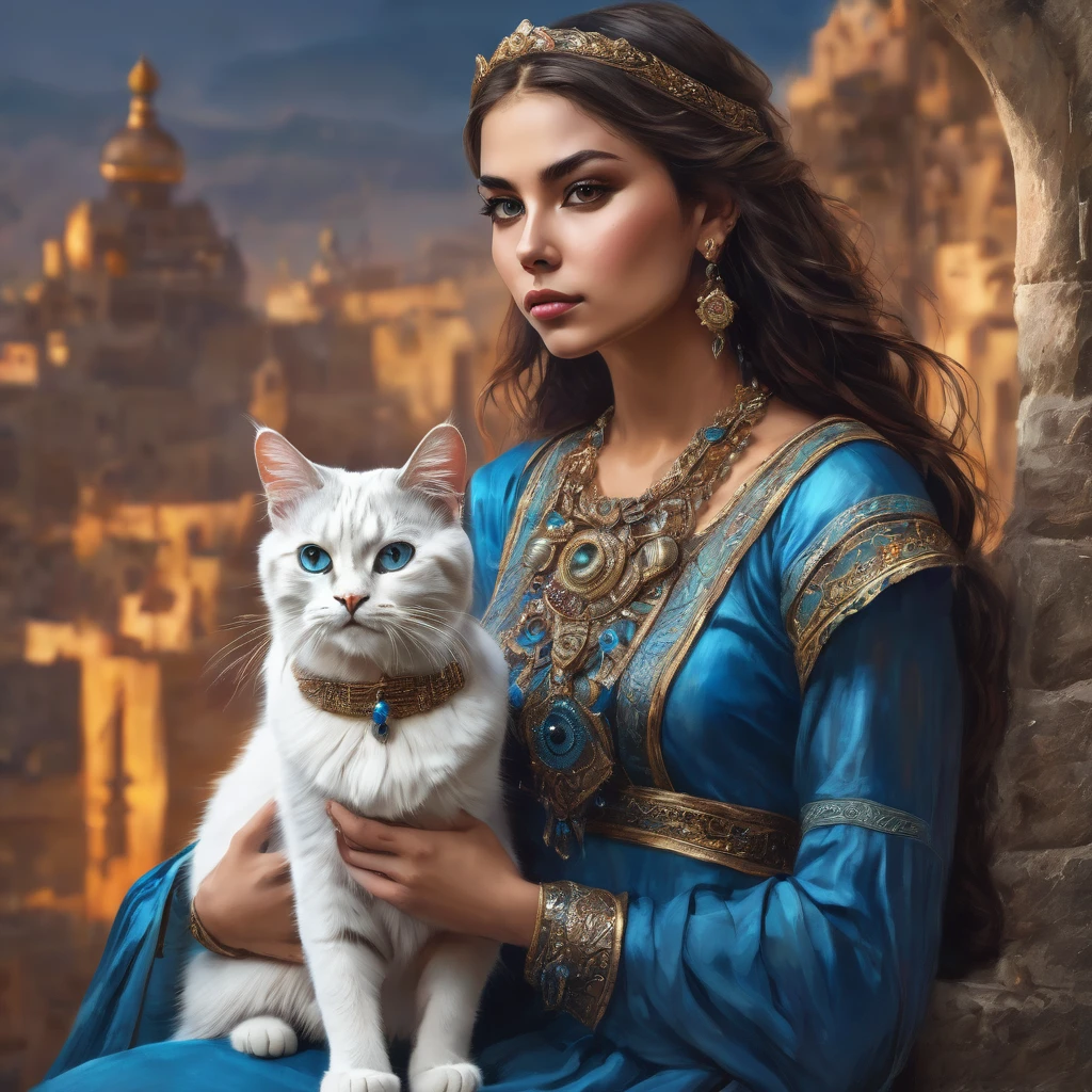 woman in blue dress holding cat, portrait, inspired by Magali Villeneuve, trends in the CG community, fantasy art, attractive cat girl, gorgeous woman, young woman with lynx head, Warrior Princess, beautiful young cat lady, beautiful woman-воин, Persian queen, Persian princess, beautiful woman, Portrait of an Aztec princess, very beautiful cute cat girl