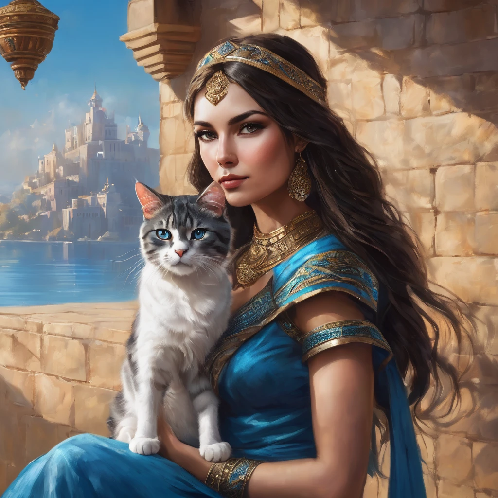 woman in blue dress holding cat, portrait, inspired by Magali Villeneuve, trends in the CG community, fantasy art, attractive cat girl, gorgeous woman, young woman with lynx head, Warrior Princess, beautiful young cat lady, beautiful woman-воин, Persian queen, Persian princess, beautiful woman, Portrait of an Aztec princess, very beautiful cute cat girl