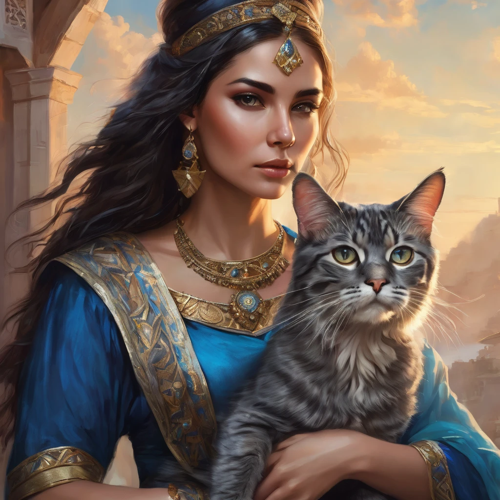 woman in blue dress holding cat, portrait, inspired by Magali Villeneuve, trends in the CG community, fantasy art, attractive cat girl, gorgeous woman, young woman with lynx head, Warrior Princess, beautiful young cat lady, beautiful woman-воин, Persian queen, Persian princess, beautiful woman, Portrait of an Aztec princess, very beautiful cute cat girl