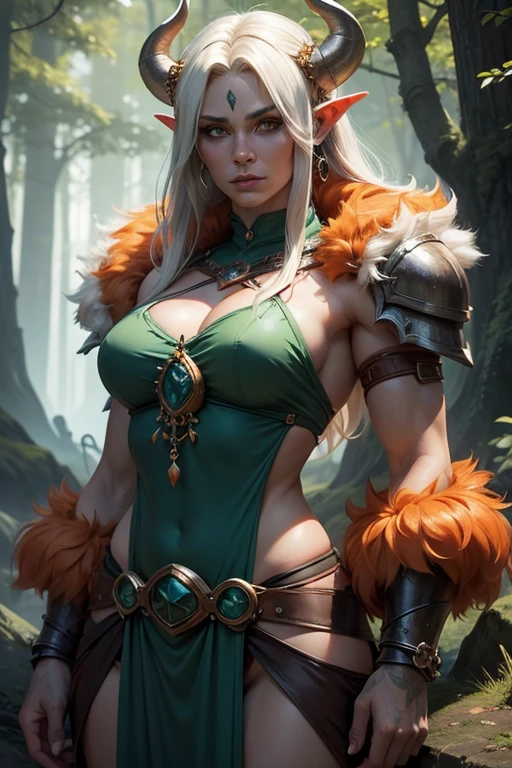 a woman with horns, platinum blonde, pale green eyes, female troll shaman, muscular female druid, a very beautiful berserker woman, female druid, female orc forest druid. wearing orange fur, (teal green top), leather top, shoulder armor, pelvic curtain. super high quality, super high detail, masterpiece, 4k, 8k, HDR, detailed face, beautiful face, orange skin, orange fur