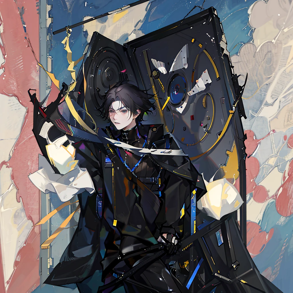 1cat boy, anime cat boy with black cat ears black hair and black pants and a black jacket, blue eyes, high res, masterpiece, tall, steraming, steraming game, in the room, play computer, play games