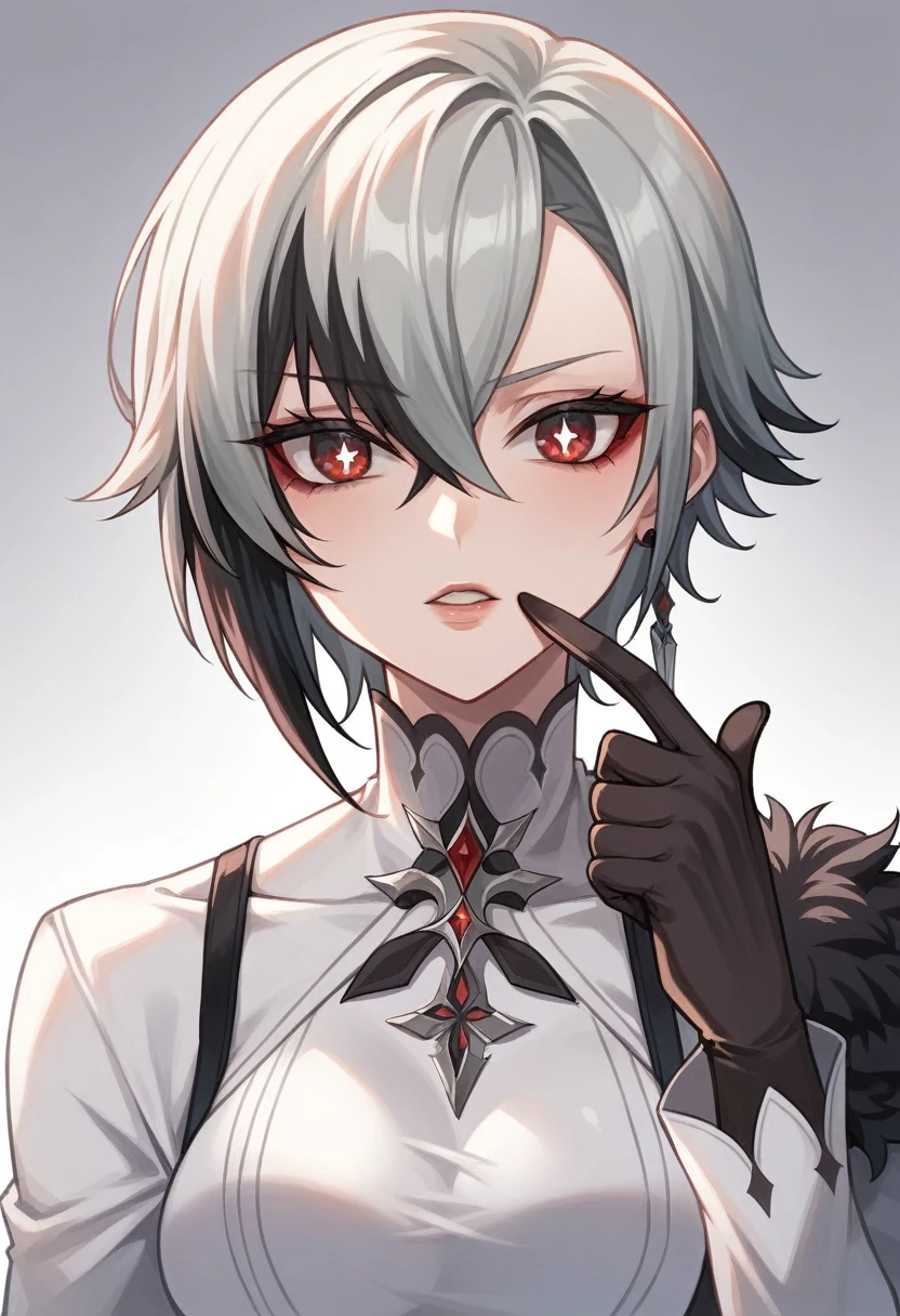 best quality, masterpieceï¼parted_lips, sidelocks, turtleneck, black_gloves, x-shaped_pupils, :d, looking_at_viewer, simple_background, highres, english_commentary, finger_to_mouth, index_finger_raised, solo, grey_background, 1girl, arlecchino_\(genshin_impact\), long_sleeves, absurdres 