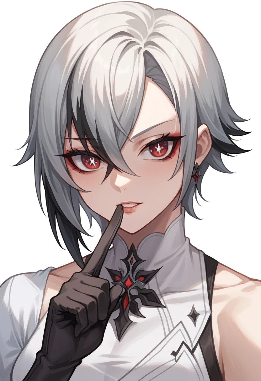 best quality, masterpieceï¼parted_lips, sidelocks, turtleneck, black_gloves, x-shaped_pupils, :d, looking_at_viewer, simple_background, highres, english_commentary, finger_to_mouth, index_finger_raised, solo, grey_background, 1girl, arlecchino_\(genshin_impact\), long_sleeves, absurdres