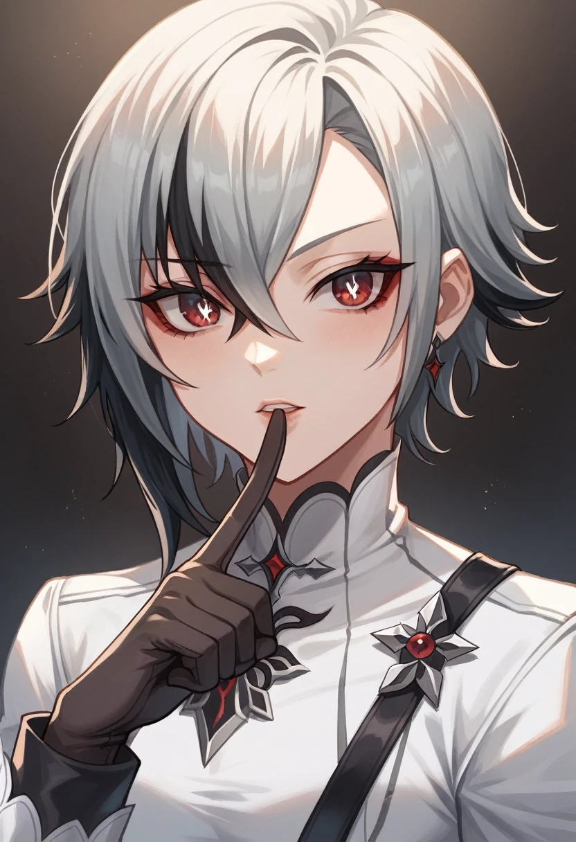best quality, masterpieceï¼parted_lips, sidelocks, turtleneck, black_gloves, x-shaped_pupils, :d, looking_at_viewer, simple_background, highres, english_commentary, finger_to_mouth, index_finger_raised, solo, grey_background, 1girl, arlecchino_\(genshin_impact\), long_sleeves, absurdres