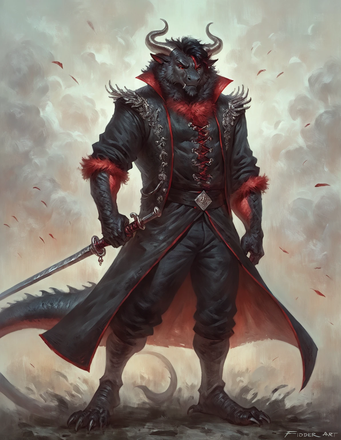 too Average sized, Anthropomorphic dragon his physique is achieved through a meticulous distribution of muscle and fat that creates a bulky body. He is fully and elegantly clothled.Black scales. Black fur. Black Hair. Skin is a rich, deep black, with a subtle shimmer. His eyes are a piercing shade of Imperial red, framed by thick eyebrows. His attire, a black gambeson padded overcoat fabric vest with short sleeves, and with striking red salmon accents and intricate silver metal ornaments, is both functional and symbolic. The gambeson, a padded garment, The silver metal ornaments. Fur is predominantly black with salmon red-colored highlights. His chest hair is kept at a moderate length. Wielding a slashing sword in a rapier-like's hilt. Rapier aggressive stance. His predominant color is black and he got imperial red details. Anthro Artist Taran Fiddler art Style, epic character, olhos detalhados, Olhos lindos, escalas detalhadas.