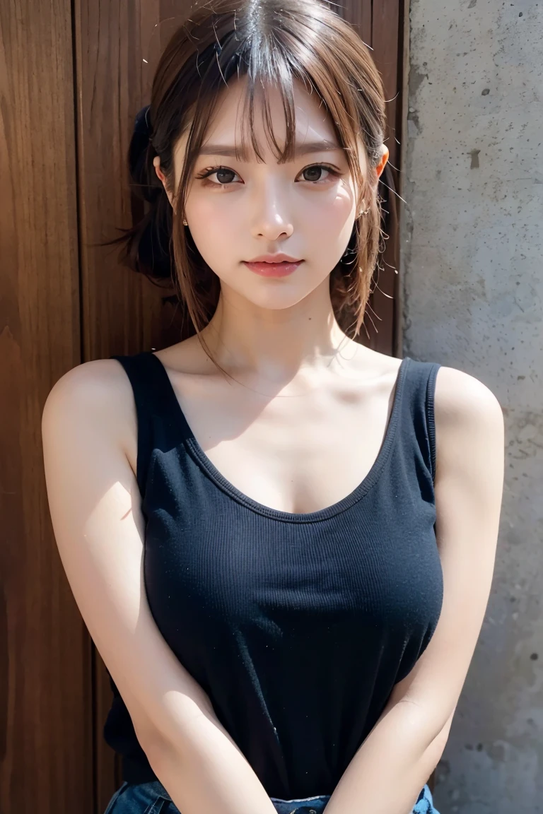 ((Highest quality, 8k, masterpiece: 1.3)), 1 girl, Plump figure: 1.3, (Random Hairstyles: 1.2), Oversized tank top: 1.2, Highly detailed face, Attention to detail, double eyelid, Underarm, Put your arms behind your head, Nipples are visible through the,