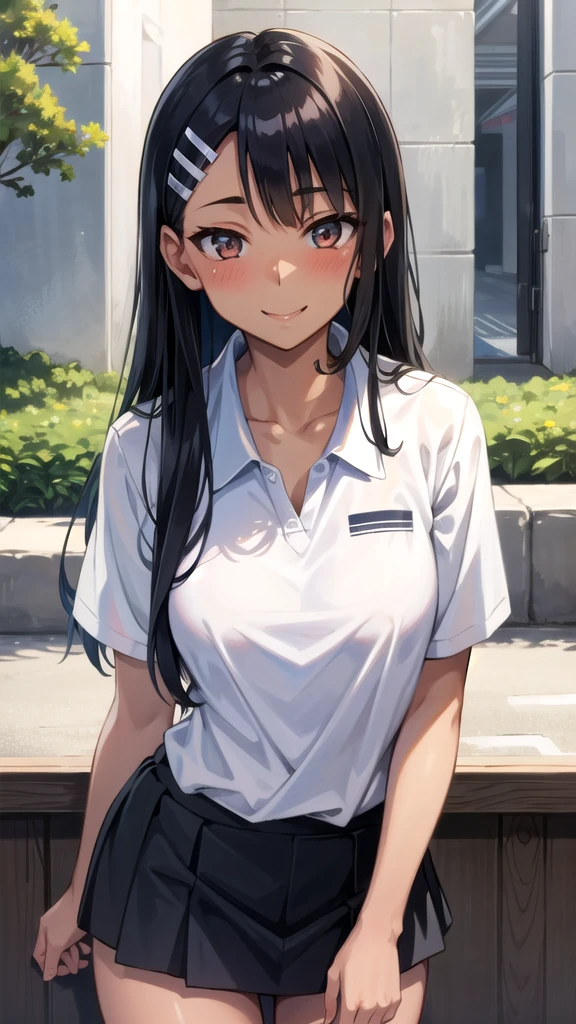 ((best quality)), ((masterpiece)), (details), one girl, sexy ((best quality)), ((masterpiece)), (details), one girl, sexy ((best quality)), ((masterpiece)), (details), one girl, full body, sexy expensive body, expensive, long legs, mature woman, mature, adult, it_nagatoro_main, Hayase Nagatoro, one girl, blushing, alone, uniform polo shirt, short sleeves, black hair,brown eyes, hair accessory, looking at viewer, hair clip, smiling, long hair, dark skinned woman, dark skin, , bangs, daytime, skirt, collared shirt, collarbone, ear clip, mouth closed, tree, asymmetrical bangs, upper body