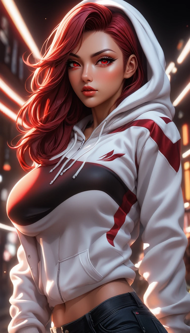 ((masterpiece, best quality)), very aesthetic, ultra detailed, intricate details, highly detailed, UHD, HDR, 8K, perfect face, 1girl, tan skin, white hoodie((xayah)), lean muscular, black jeans, Retro_wave_style, Vector lines, dark red hair, long hair, red eyes, large breasts, perfect body, (newest anime art style)