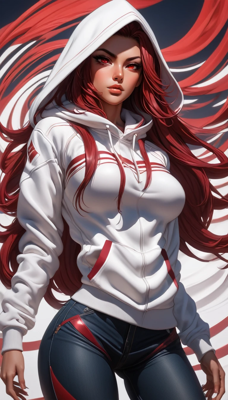 ((masterpiece, best quality)), very aesthetic, ultra detailed, intricate details, highly detailed, UHD, HDR, 8K, perfect face, 1girl, tan skin, white hoodie((xayah)), lean muscular, black jeans, Retro_wave_style, Vector lines, dark red hair, long hair, red eyes, large breasts, perfect body, (newest anime art style)