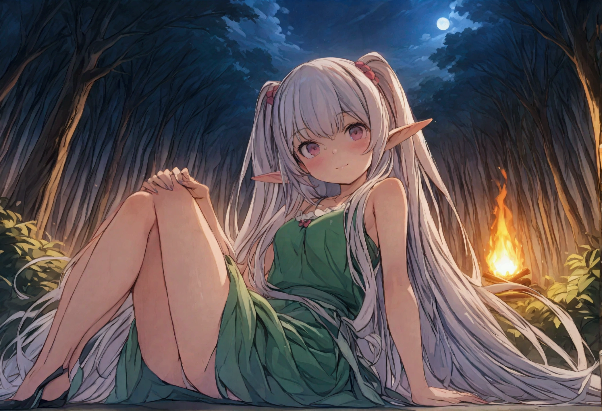 (masterpiece, best quality, top quality, high resolution, highres), (insanely detailed, ultra-detailed, super detailed, highly detailed) ,(HDR, uhd), (studio lighting), ultra-fine drawing, sharp focus, physically based rendering, professional, vibrant colors,
アニメ, cartoon, kawaii, how,
Long shot, panorama, Distant view,
from below, cowboy shot,
(((a girl, 独奏))), elf girl, Elf Ears,
Close eyes, Tilt head, Sitting with legs crossed, Sleeping while sitting with knees hugged,
(((night, midnight, moonlight))),
(((forest, deep forest, one bonfire))),
medieval European clothing, adventurer's clothing,