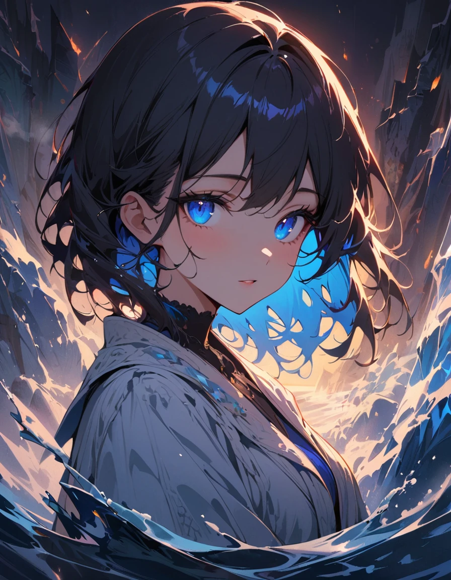 Masterpiece, 1 girl, ice, water, detailed water, detailed ice, snow, radiance, blue eyes, details eyes, beautiful eyes, loneliness, night, AddXL