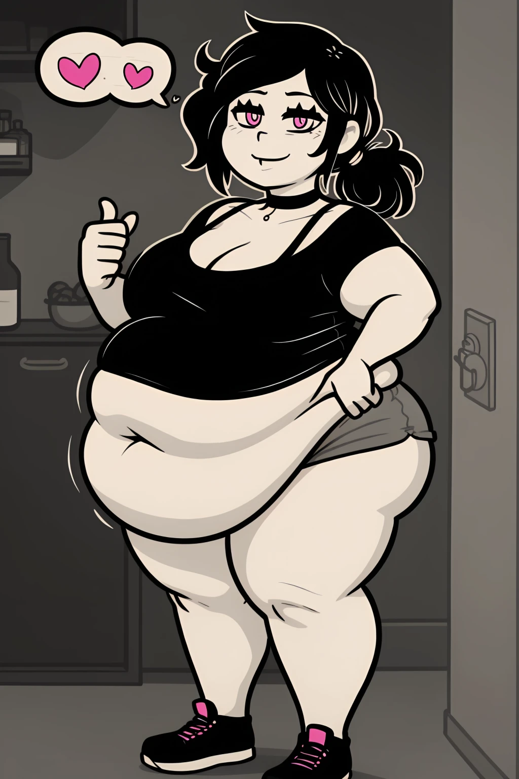 Morbidly obese, full body(Bloated belly:1.1)highres, ashleygraves, 1girl, solo, wide open eyes, pink eyes, low ponytail, white outline, monochrome, choker, indoors, smile, looking at viewer, <3, full body, thumb up, one hand, spoken heart