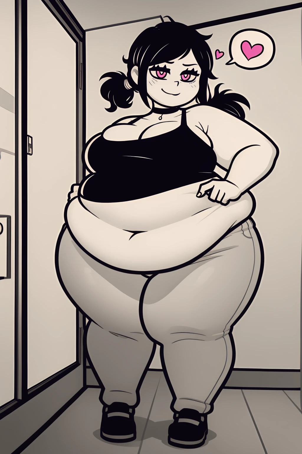 Morbidly obese, full body(Bloated belly:1.1)highres, ashleygraves, 1girl, solo, wide open eyes, pink eyes, low ponytail, white outline, monochrome, choker, indoors, smile, looking at viewer, <3, full body, thumb up, one hand, spoken heart