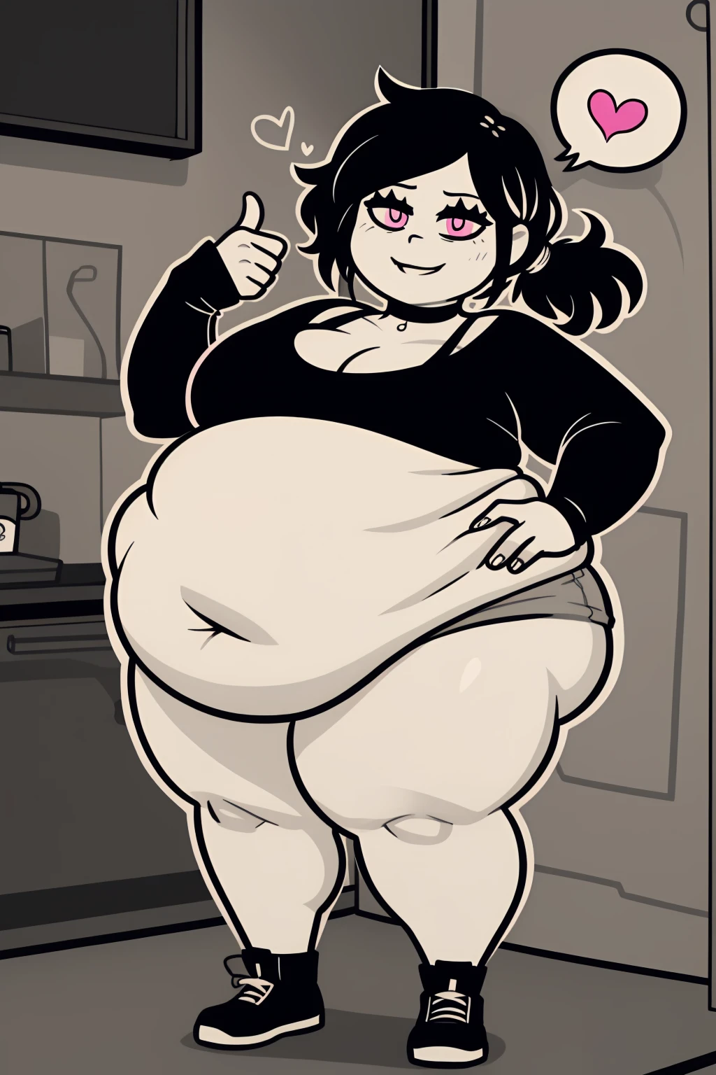 Morbidly obese, full body(Bloated belly:1.1)highres, ashleygraves, 1girl, solo, wide open eyes, pink eyes, low ponytail, white outline, monochrome, choker, indoors, smile, looking at viewer, <3, full body, thumb up, one hand, spoken heart
