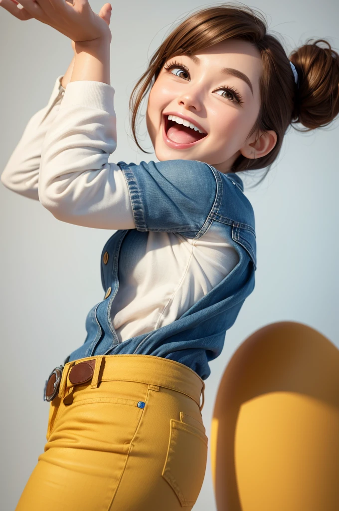 Funnily film character, disney pixar style,3d,with brown hair , eyes browns , jeans, face with happy expression , light yellow skin, white background 8k quality