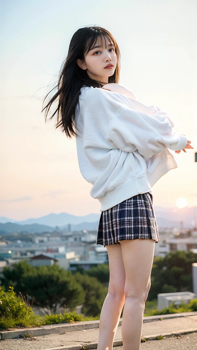 (8k、born、Professional、Highest quality、masterpiece:1.2)、(Genuine、Realistic:1.37)、Very detailed、(18-year-oldの女性のポートレート)、(expensiveest Detail Skin:1.2)、(expensiveest detail face:1.2)、1 Female、18-year-old、(View your audience)、Black Hair、Long Hair、expensive 、日本の高bornセーラー服の、Navy blue ribbon around neck、The wind blew up her pleated miniskirt., Revealing white lace panties.、Sunset sky、The cityscape at dusk can be seen in the distance、Golden Hour