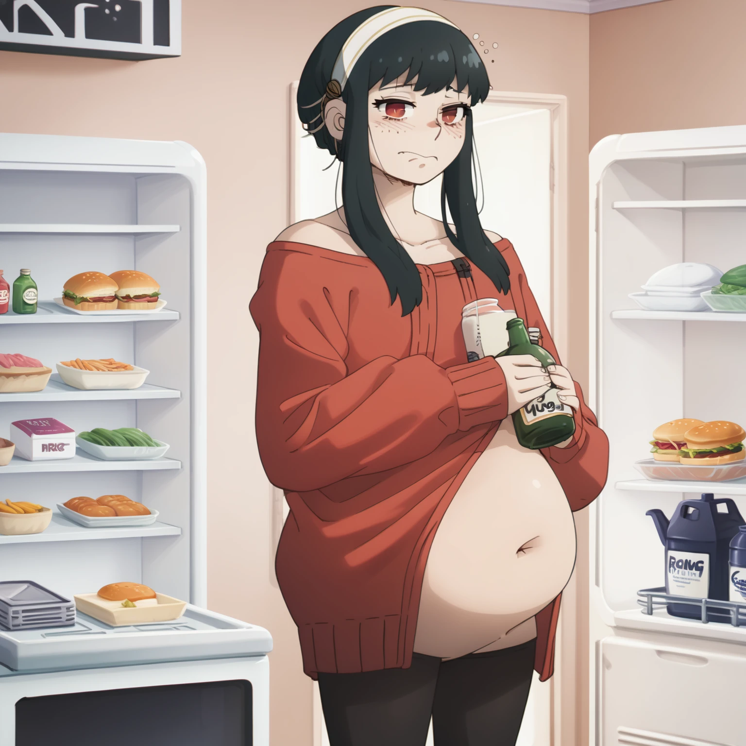 looking at viewer, solo, YorForger,1girl, ((nude)), ((belly stuffed)), ((very drunk)), ((staggers)), black hair, red eyes, short hair with long locks, white hairband, off shoulder, red sweater, black pantyhose, ((drank too much)), ((exhausted)), ((agitated)), ((in front of a fridge)), ((open fridge)), ((lean on the fridge)),