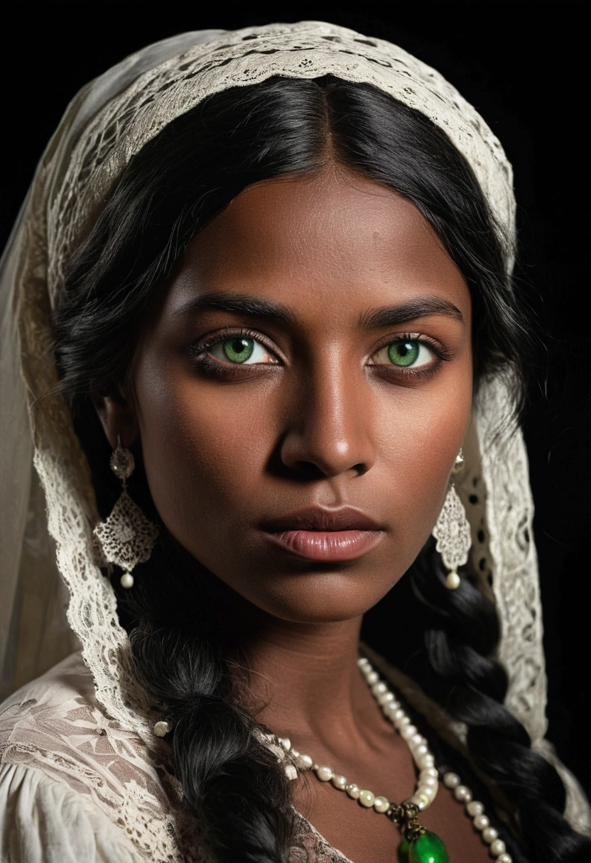 Beautiful Victorian peasant woman of English and Apache descent, very beautiful dark skin, green eyes, night-black hair and full lips.