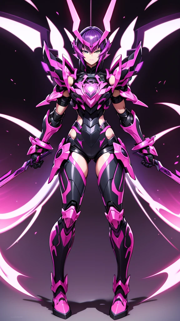 ### armor:
- **color principal:** bright pink.
- **dark sections:** Parts of the armor are a dark purple, specifically on the shoulders, forearms, elbows, upper and lower chest, and knees.
- **Design:** tight to the body, covering from neck to toe. The armor features a segmented design with lines and sections that appear to provide flexibility and additional protection.
- **chest:** The upper part of the chest has two purple horizontal stripes, while the central part of the chest has three arrows pointing downwards.
- **arms:** Los hombros y forearms presentan grandes áreas de color púrpura oscuro.
- **legs:** The knees and a section at the top of the boots are dark purple.
### For the:
- **color:** bright pink, similar to main armor color.
- **Style:** Short and smooth, with bangs that fall over the forehead, partially covering one of your eyes.
### Other details:
- **gloves:** Same dark purple color as the armor sections.
- **Boots:** bright pink con detalles en púrpura oscuro.