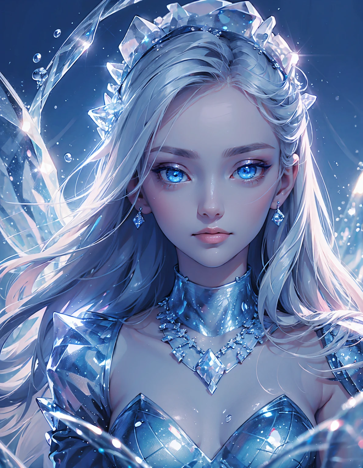 Masterpiece, 1 girl, ice, water, detailed water, detailed ice, snow, radiance, blue eyes, details eyes, beautiful eyes, loneliness, night, AddXL
