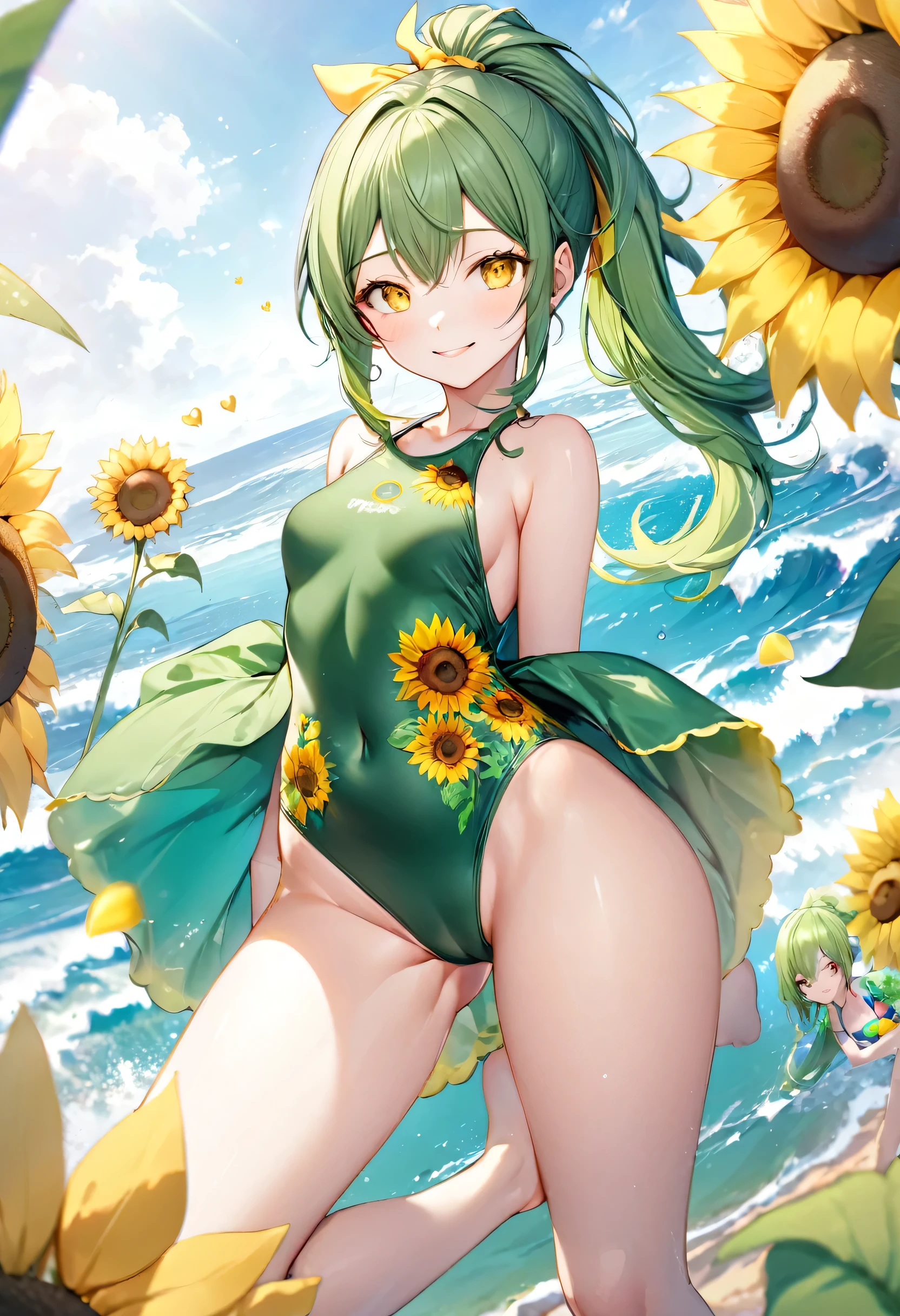 (full body, pov love style swimsuit) (beautifu fighterl body), (solo:2, 15 yo, ponytail green hair long hair sexy fighter girl, cute yellow eyes, love smile), (in a sunflower Embroidered green one piece swimsuit, exposure wabisabi:1.3 love sunflower), break, in the Swimsuit contest venue, background Double Exposure beautiful ocean, BREAK, perfect anatomy, masterpiece, best quality, 16k, beautiful detailed love, sexy, daydreaming expression.
