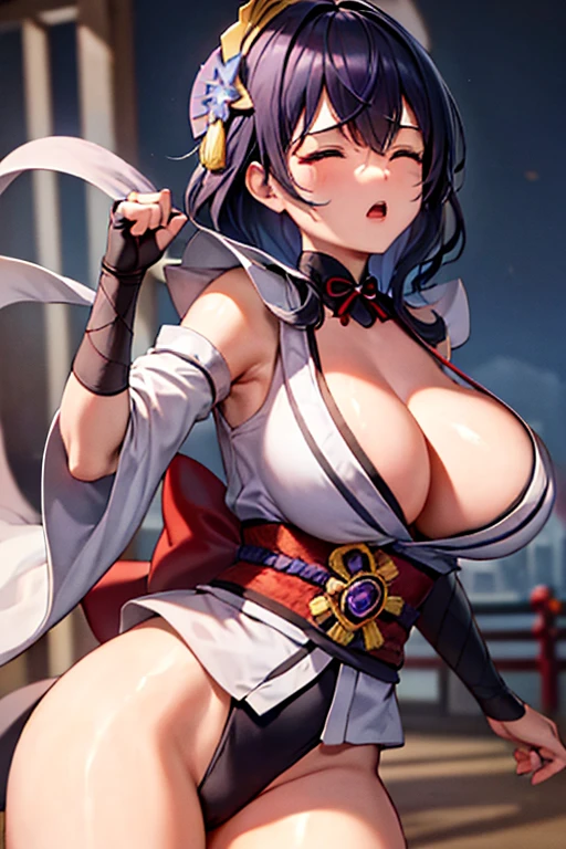 masterpiece, high resolution, best quality, rendered art, beautiful art, well formed fingers and hands, 1 woman, Raiden Shogun, hair ornament ,adult, grown up, 31 years old, large and round breasted, cleavage, full body, wearing a Iroha Samurai Spirits cosplay, Iroha_Samurai_Spirits_cosplay, maid hat, choker, fingerless gloves, black tights, sexy and skimpy kimono, pelvic curtain, white maid uniform, ryona , in peril, she is being beaten up by her opponent, she is knocked down and she is slapped in the face , she is pushed against the wall,  being humiliated by her opponent, receiving the impact of her opponent's attacks, closed eyes, screaming in pain and agony, heroine in peril, ryona and perilous scene, bouncing breasts, weak and helpless, martial arts tournament on the beach           