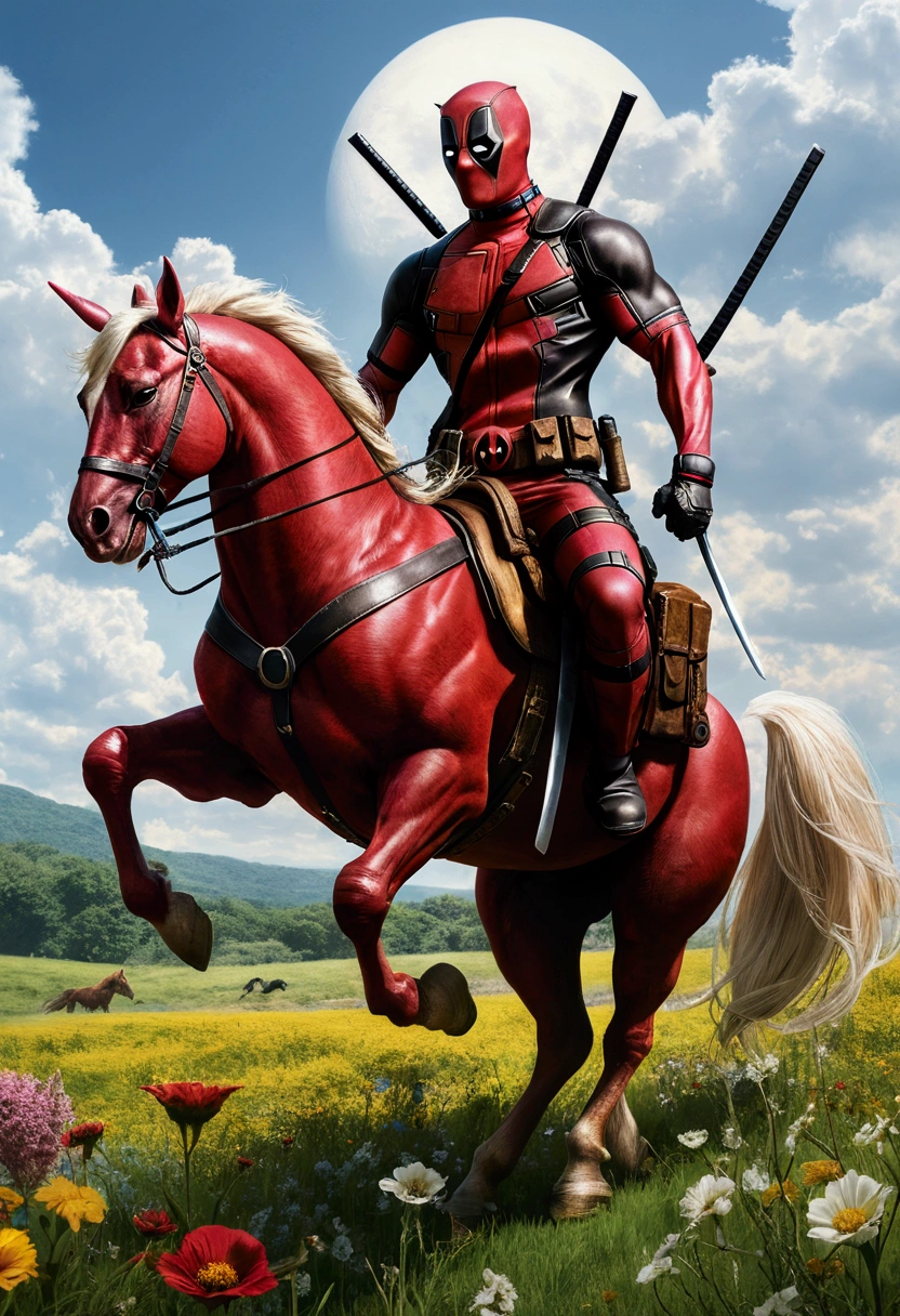 Masterpiece, of the highest quality, approaching perfection, (high detail:1.1), dramatic, Deadpool with wolverine riding together one behind the other on both on the same unicorn. the unicorn trotting through a meadow, carrying the characters on his mount, comic style.