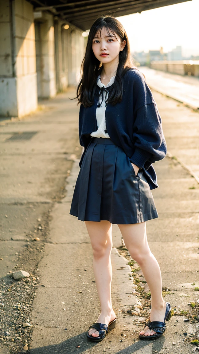 (8k、born、Professional、Highest quality、masterpiece:1.2)、(Genuine、Realistic:1.37)、Very detailed、(18-year-oldの女性のポートレート)、(highest Detail Skin:1.2)、(highest detail face:1.2)、1 Female、18-year-old、(View your audience)、Black Hair、Long Hair、expensive 、日本の高bornセーラー服の、Navy blue ribbon around neck、The wind blew up her pleated miniskirt., Revealing white lace panties.、Sunset sky、The cityscape at dusk can be seen in the distance、Golden Hour