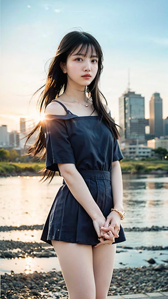(8k、born、Professional、Highest quality、masterpiece:1.2)、(Genuine、Realistic:1.37)、Very detailed、(18-year-oldの女性のポートレート)、(highest Detail Skin:1.2)、(highest detail face:1.2)、1 Female、18-year-old、(View your audience)、Black Hair、Long Hair、expensive 、日本の高bornセーラー服の、Navy blue ribbon around neck、The wind blew up her pleated miniskirt., Revealing white lace panties.、Sunset sky、The cityscape at dusk can be seen in the distance、Golden Hour