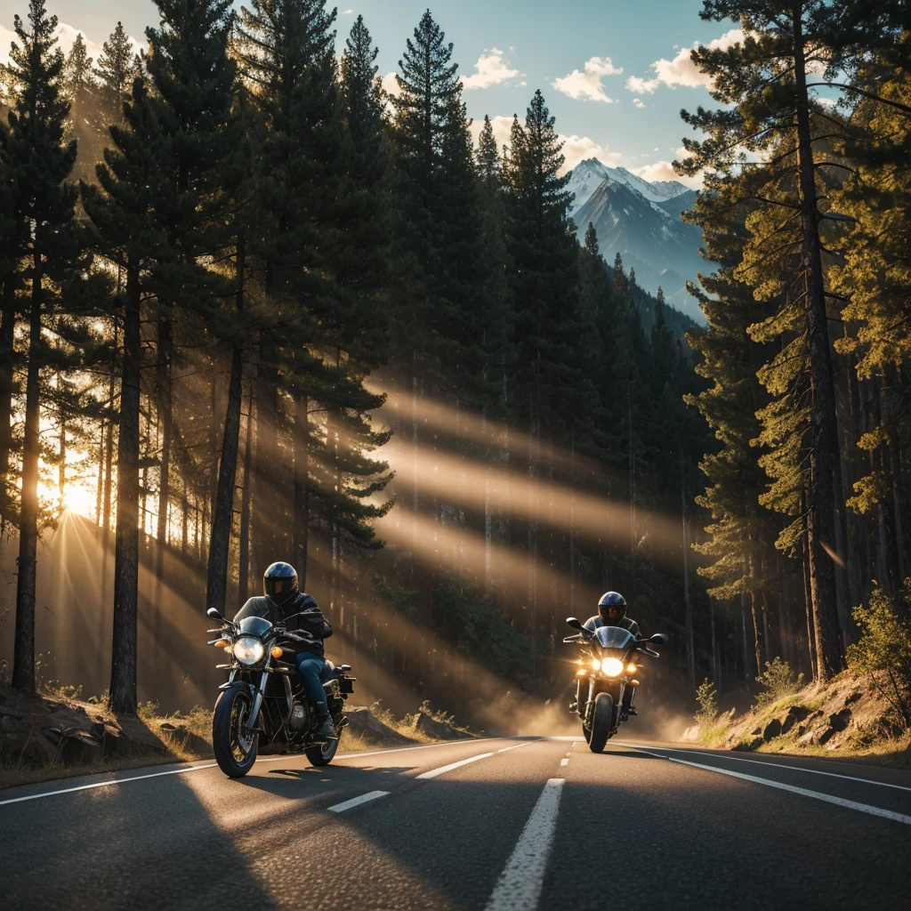 
(Best quality, masterpiece),motorcyclist,Driving on the road,motorcycle touring,forest around,mountains in the distance,setting sun,rays of light,shadows on the road,rim light,perfect composition,high resolution pictures.