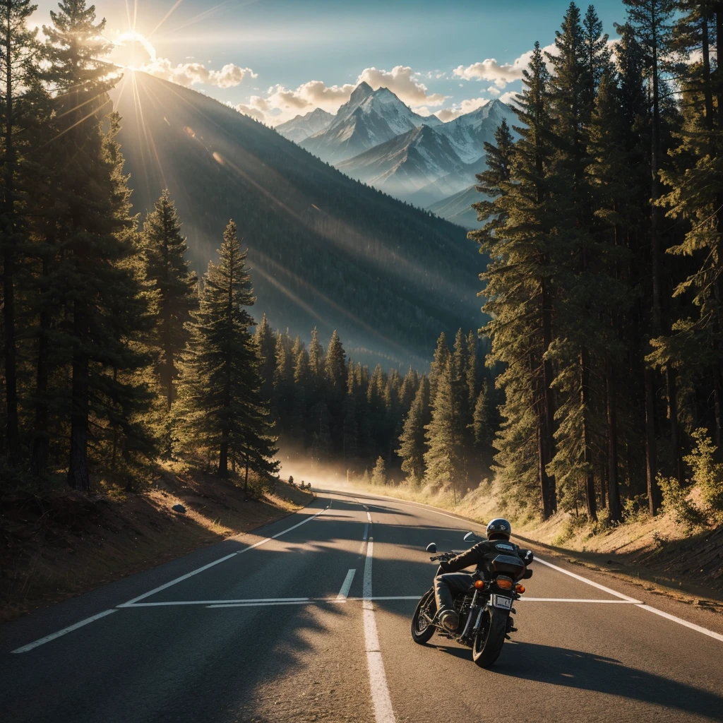 
(Best quality, masterpiece),motorcyclist,Driving on the road,motorcycle touring,forest around,mountains in the distance,setting sun,rays of light,shadows on the road,rim light,perfect composition,high resolution pictures.