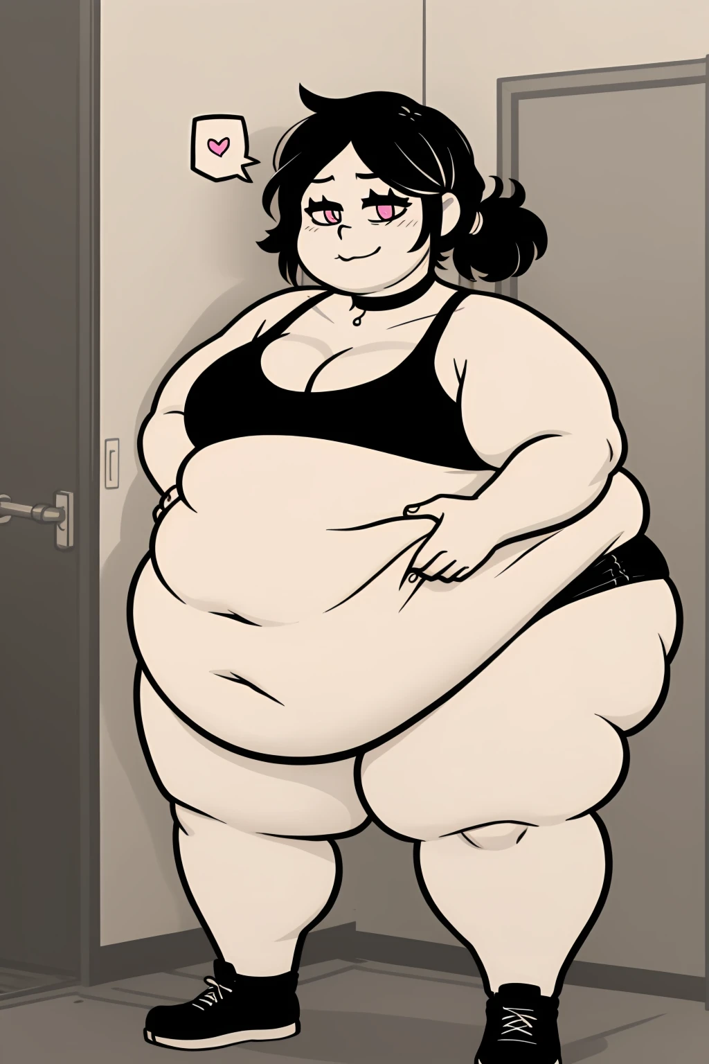Morbidly obese, full body(Bloated belly:1.1)highres, ashleygraves, 1girl, solo, wide open eyes, pink eyes, low ponytail, white outline, monochrome, choker, indoors, smile, looking at viewer, <3, full body, thumb up, one hand, spoken heart, zoomed out, Round face, double chin, fat chin, fat cheeks, fat neck, round face, SSBBW, flabby arms, round face, double chin, fat double chin, big double chin, fat neck, chubby cheeks, fat thighs, fat calves, morbidly obese, flabby , giant , large belly, obese, fat face, belly, double chin, obesity, flabby breasts, fat arms and legs, fat everything,