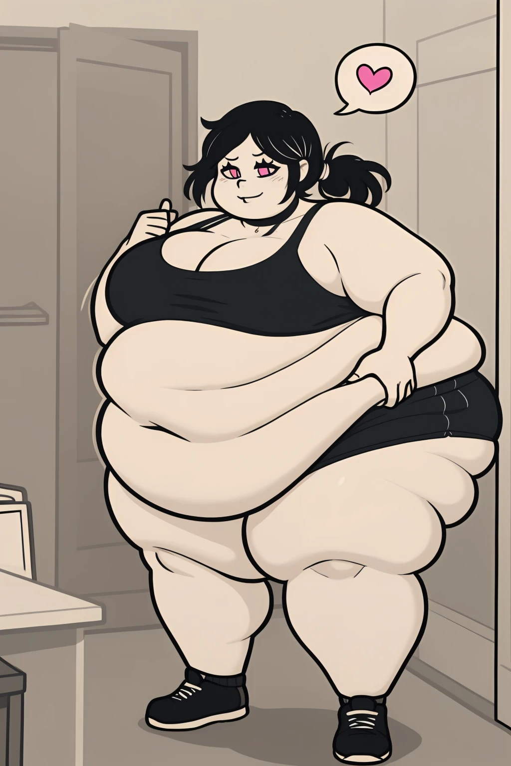 Morbidly obese, full body(Bloated belly:1.1)highres, ashleygraves, 1girl, solo, wide open eyes, pink eyes, low ponytail, white outline, monochrome, choker, indoors, smile, looking at viewer, <3, full body, thumb up, one hand, spoken heart, zoomed out, Round face, double chin, fat chin, fat cheeks, fat neck, round face, SSBBW, flabby arms, round face, double chin, fat double chin, big double chin, fat neck, chubby cheeks, fat thighs, fat calves, morbidly obese, flabby , giant , large belly, obese, fat face, belly, double chin, obesity, flabby breasts, fat arms and legs, fat everything,