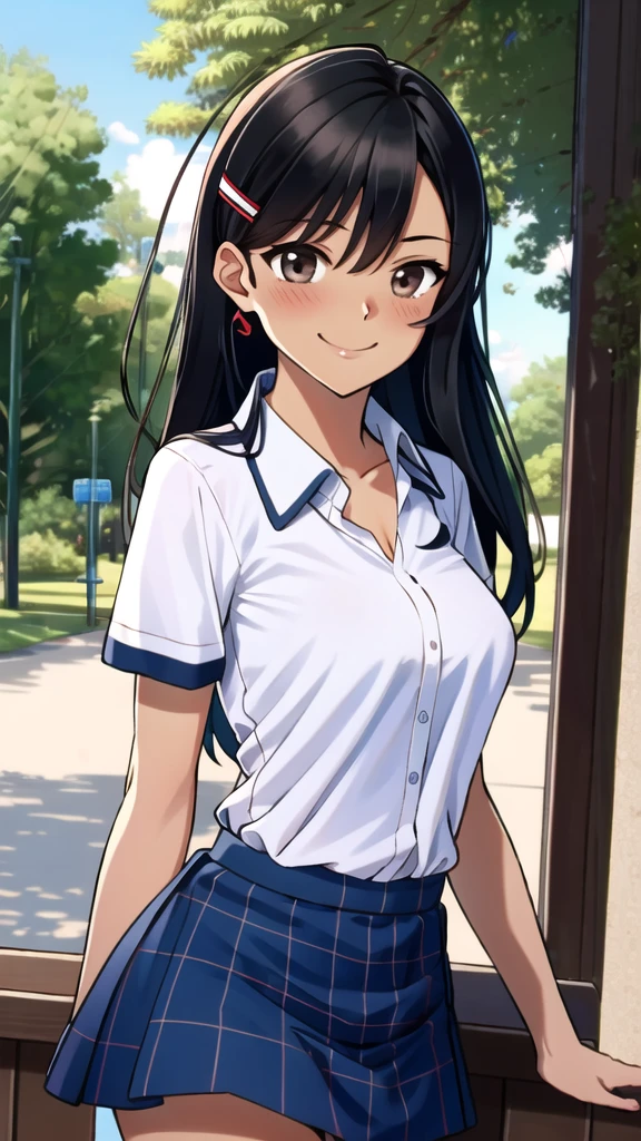 ((best quality)), ((masterpiece)), (details), one girl, sexy ((best quality)), ((masterpiece)), (details), one girl, sexy ((best quality)), ((masterpiece)), (details), one girl, full body, sexy expensive body, expensive, long legs, mature woman, mature, adult, it_nagatoro_main, Hayase Nagatoro, one girl, blushing, alone, uniform polo shirt, short sleeves, black hair,brown eyes, hair accessory, looking at viewer, hair clip, smiling, long hair, dark skinned woman, dark skin, , bangs, daytime, skirt, collared shirt, collarbone, ear clip, mouth closed, tree, asymmetrical bangs, upper body