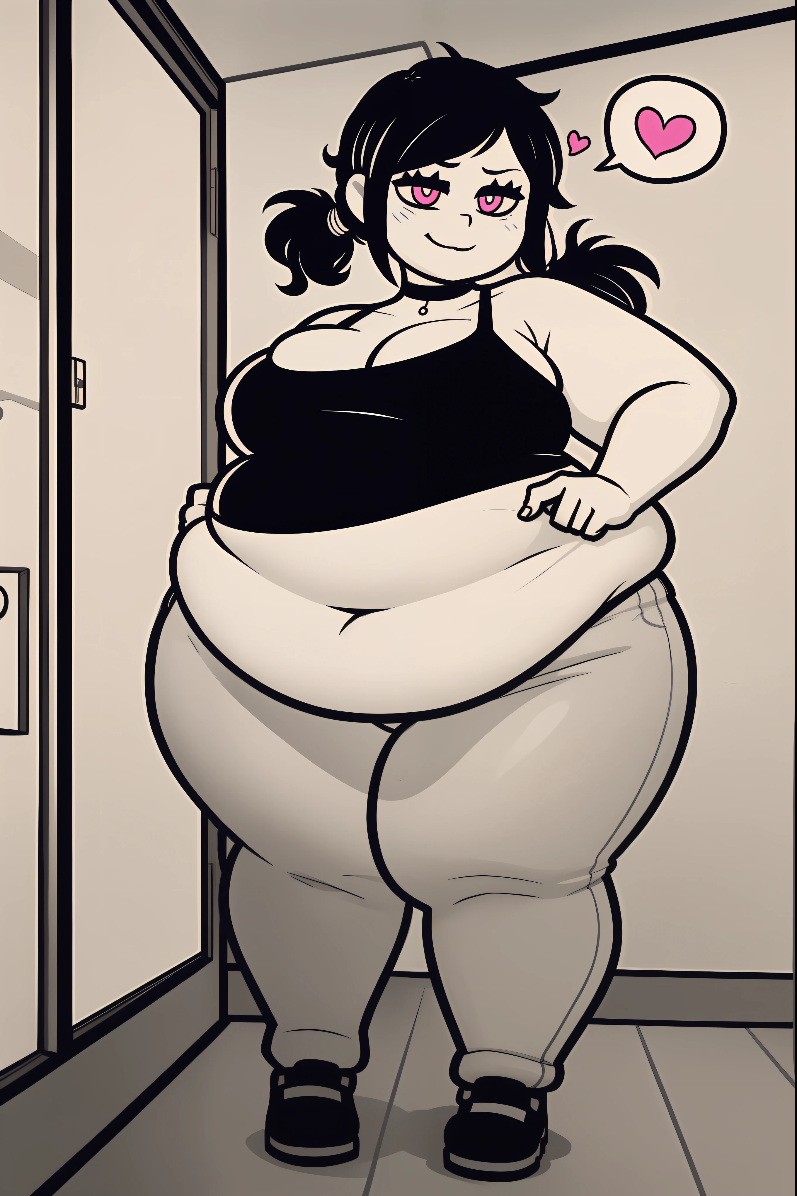 Morbidly obese, full body(Bloated belly:1.1)highres, ashleygraves, 1girl, solo, wide open eyes, pink eyes, low ponytail, white outline, monochrome, choker, indoors, smile, looking at viewer, <3, full body, thumb up, one hand, spoken heart