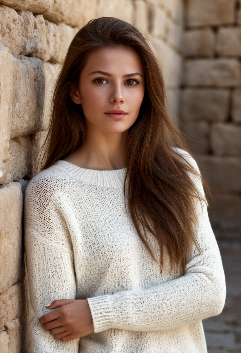 28 year old girl with Brown hair and Brown eyes, happy, Joyful expression, closed mouth, Handsome lips, very thin nose, complex parts, shallow depth of field, Very detailed, high budget, fabulous, Head&#39;piece of art, principal, professional, Very detailed, Detailed leather texture, (blush: 0.5), (goosebumps: 0.5). (the most Handsome woman in the world) (Brown hair) (long straight hair, wild hair, elegant cut) visage stuffing, very thin nose, Handsome, very Handsome, perfect face, stuffing body (stuffing), (Brown hair) (Brown eyes ) (White skin) Beautiful face, western wall, confident eyes, Russian beauty, ((Best quality)), ((ultra resolution)), ((photorealistic: 1.4)), (complex parts),  Make up: 1.5 , makeup Claire, Detailed faces. vue standing Photoréaliste, Sharpness, Photo of cattle, Amateur photo., standing, in black high heels, oversized sweater, pores de peau détaillés & Face texture, pores, (goosebumps:0.7), dynamic pose, look at the viewer, Facial focus, Filmed on a mobile camera, granularity