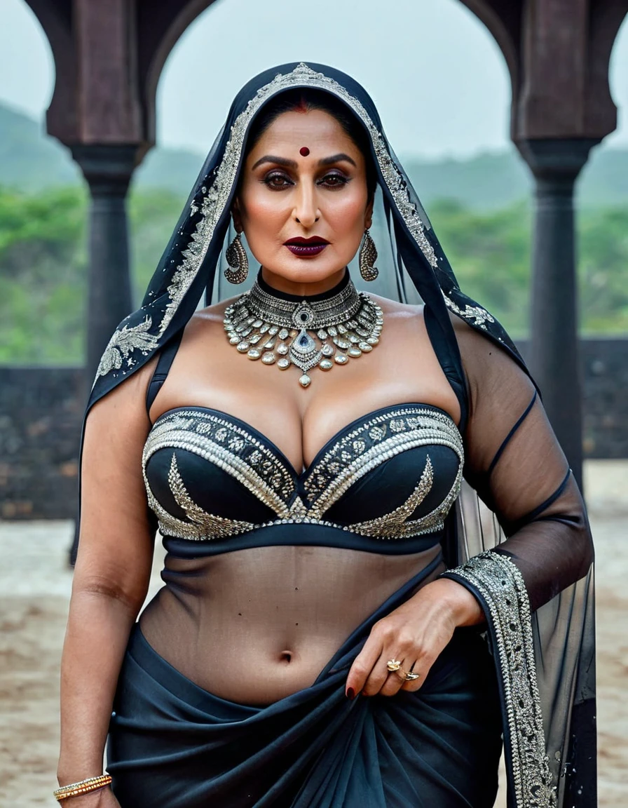 Looks like Kareena Kapoor khan, Big chubby aunty, milf, cougar lady witch, horny Gothic milf, 70 years old gorgeous mature lady, pervert demoness, demoness of lust, curvy, black lips, horny face, extremely gorgeous, thick figure, heavy physique, voluptuous, curvy, sexy figure, Fashionable portrait of androgynous alien looking witch wearing veil, glowing eyes, futuristic design, minimal details, givenchy, photoreal, 200mm, hd, f/ 2.0, highly detailed, surreal, sexy beautiful evil woman, sexy bold sequin Saree with strapless Bra, chudail, Pishachini, horror genre, blood-thirsty enchantress, powerful female spirit, eerie, drop dead, in the style of red and blue, (intricate details, hyperdetailed:1.15) (skin texture:1.2), dark Moody tone, cinematic lighting, haunted place in background,