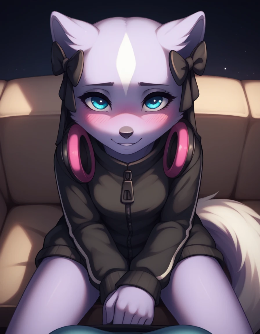 score_9,score_8_up,score_7_up, Female Shikabane, nighttime, soft shading, warm lighting, high quality, sitting on a couch, sitting next to viewer, in a dimly lit living room, pov, (looking down):1.3, shy face, slightly smiling, (not looking at viewer):1.2, slightly blushing,