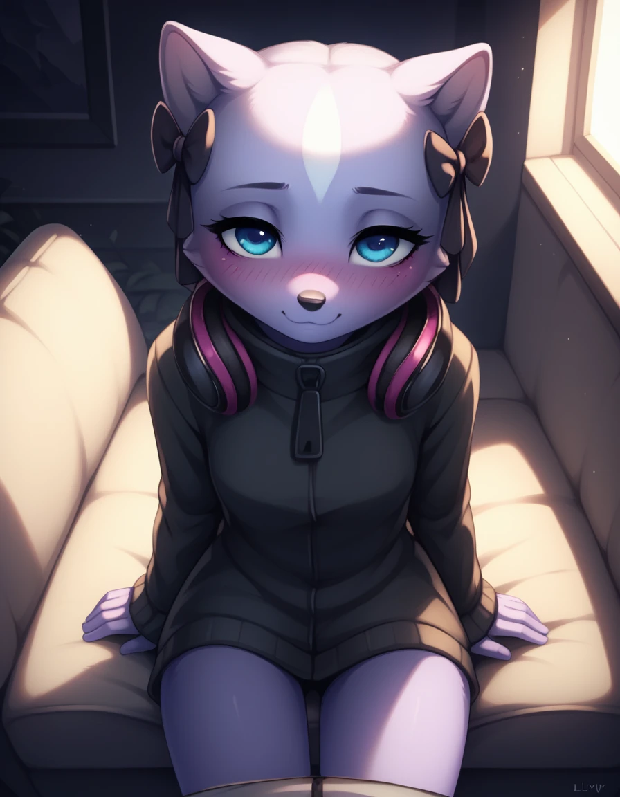 score_9,score_8_up,score_7_up, Female Shikabane, nighttime, soft shading, warm lighting, high quality, sitting on a couch, sitting next to viewer, in a dimly lit living room, pov, (looking down):1.3, shy face, slightly smiling, (not looking at viewer):1.2, slightly blushing,