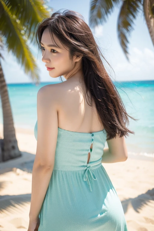 Highest quality、masterpiece、High sensitivity、High resolution、Detailed Description、Slender women、Glasseini dress、Tropical Beach、A strong wind is blowing、