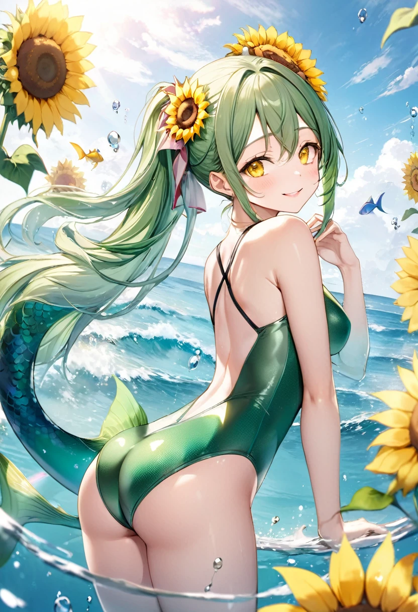 (full body, pov mermaid style swimsuit) (beautifu fighterl body), (solo:2, 15 yo, ponytail green hair long hair sexy mermaid girl, cute yellow eyes, love smile), (in a sexy green one piece swimsuit, exposure wabisabi:1.3 love sunflower), break, in the Swimsuit contest venue, background Double Exposure beautiful ocean, BREAK, perfect anatomy, masterpiece, best quality, 16k, beautiful detailed love, sexy, daydreaming expression.