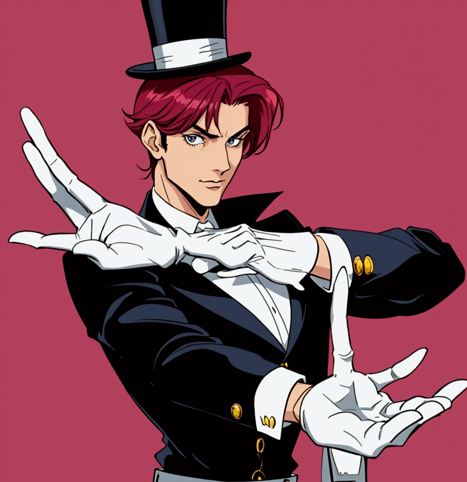 I need a circus magician from the 90s, with the right arm stretched out holding his top hat and the left arm with the elbow bent towards the top hat with a magic wand, with white gloves on hands